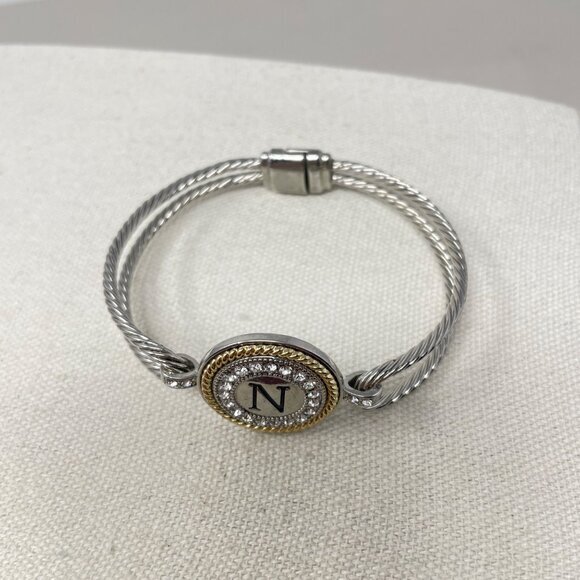 N Monogram Bracelet‎ Twisted Magnetic Clasp Silver-Tone Rhinestone Twisted Rope - Picture 2 of 7